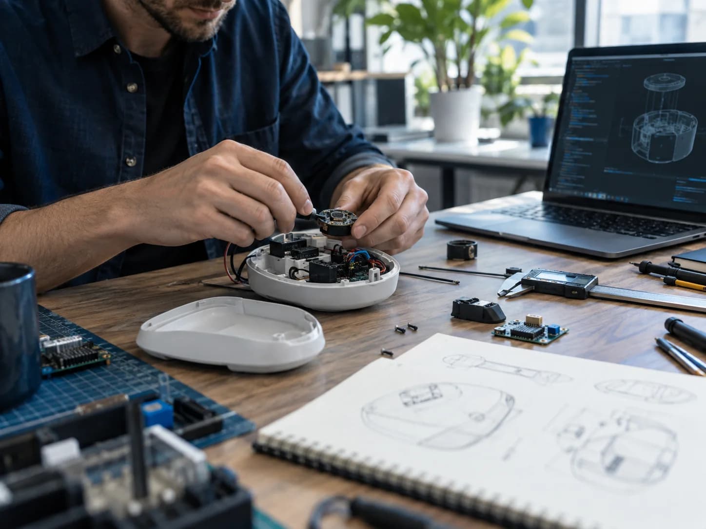 Illustrative product engineer working with circuitry, device parts, and design sketches