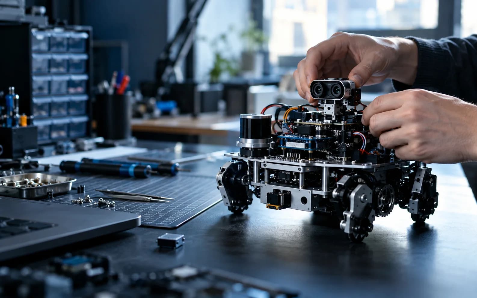 Illustrative robotics prototype being assembled on an engineering workbench